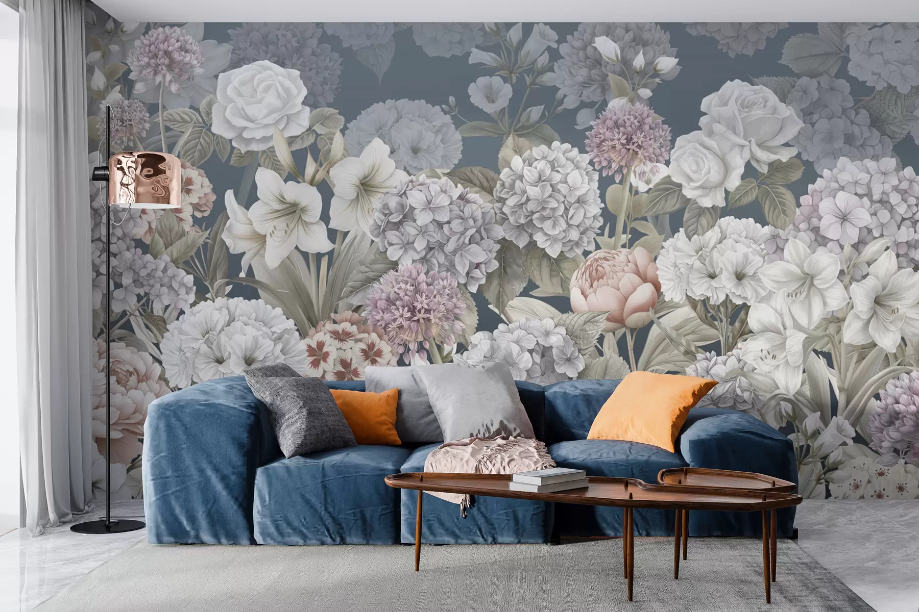 Valokuvatapetti Maaginen kesäpuutarha sinisellä pohjalla w08140v1