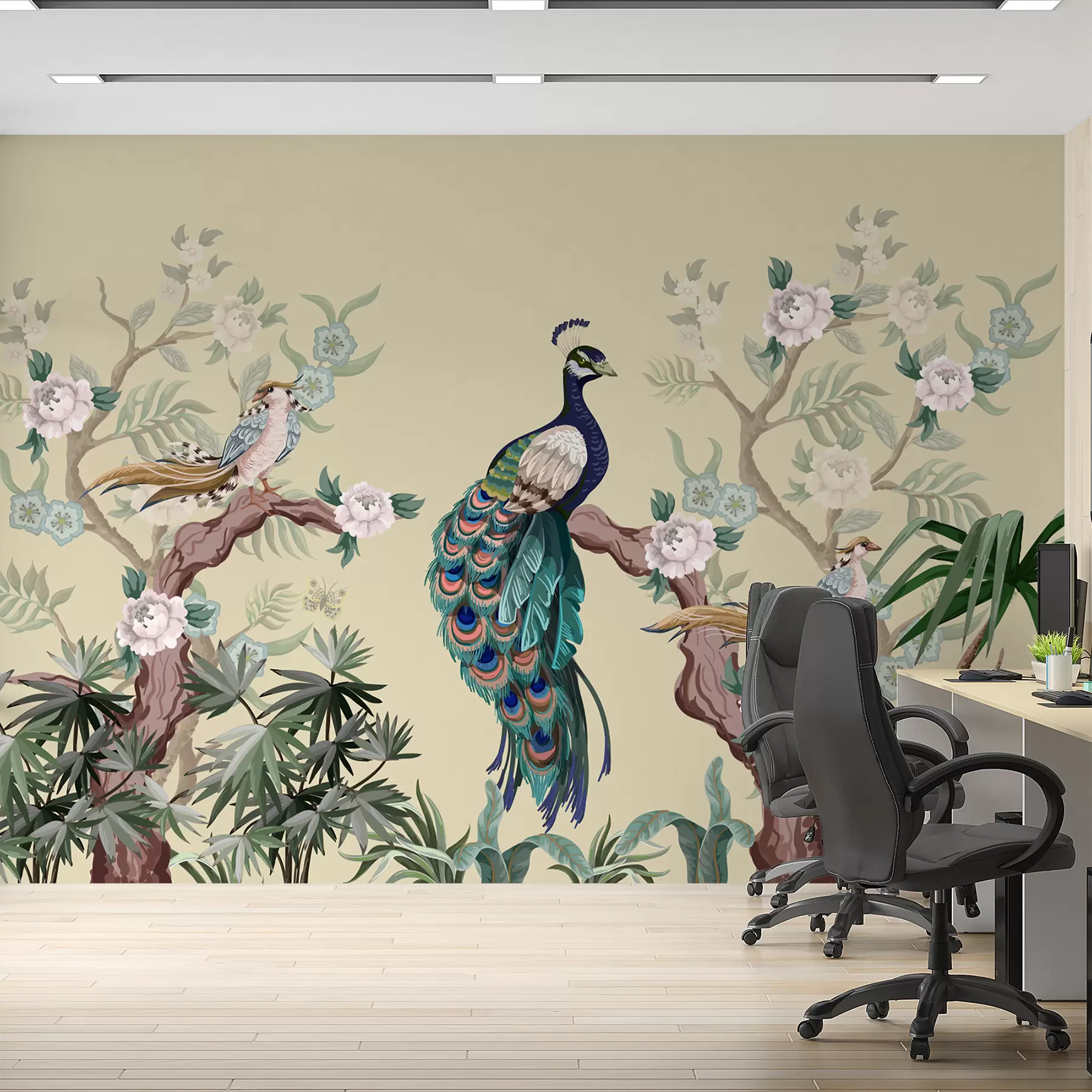 Valokuvatapetti riikinkukko puussa, beige tausta w08168