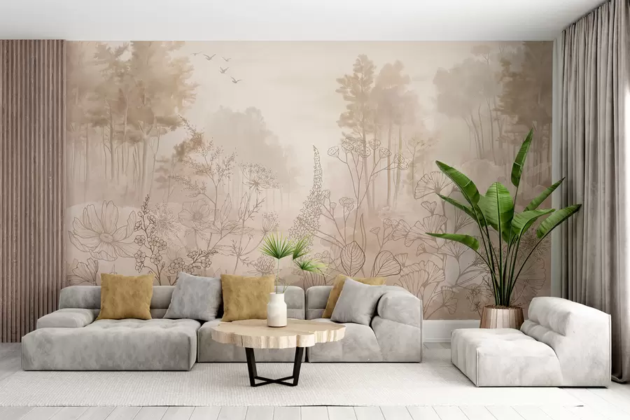 Valokuvatapetti Metsämaisema luonnonvaraisilla kukilla, viivapiirroksia, realismia, puita, luontoa, beige väripaletti w08142