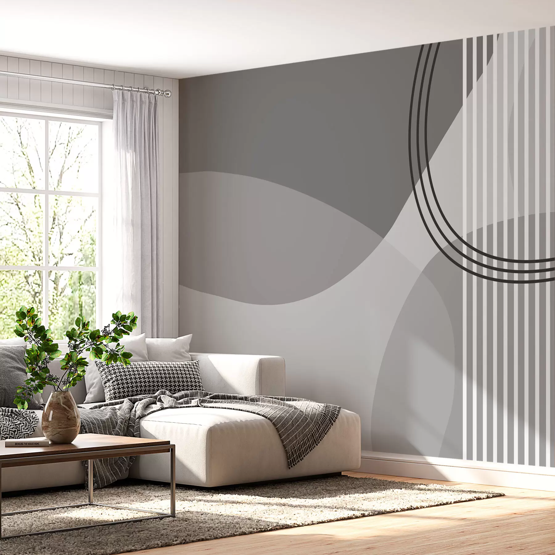 Valokuvatapetti Geometrinen abstraktioviiva ja ympyrä minimalismi moderni tyyli harmaa väri w08173v3