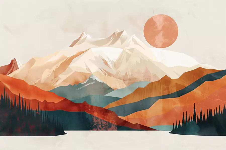 Valokuvatapetti Boho bliss: rauhallinen vuorten, puiden ja auringon maisema w01358