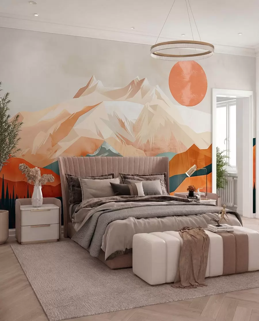 Valokuvatapetti Boho bliss: rauhallinen vuorten, puiden ja auringon maisema w01358
