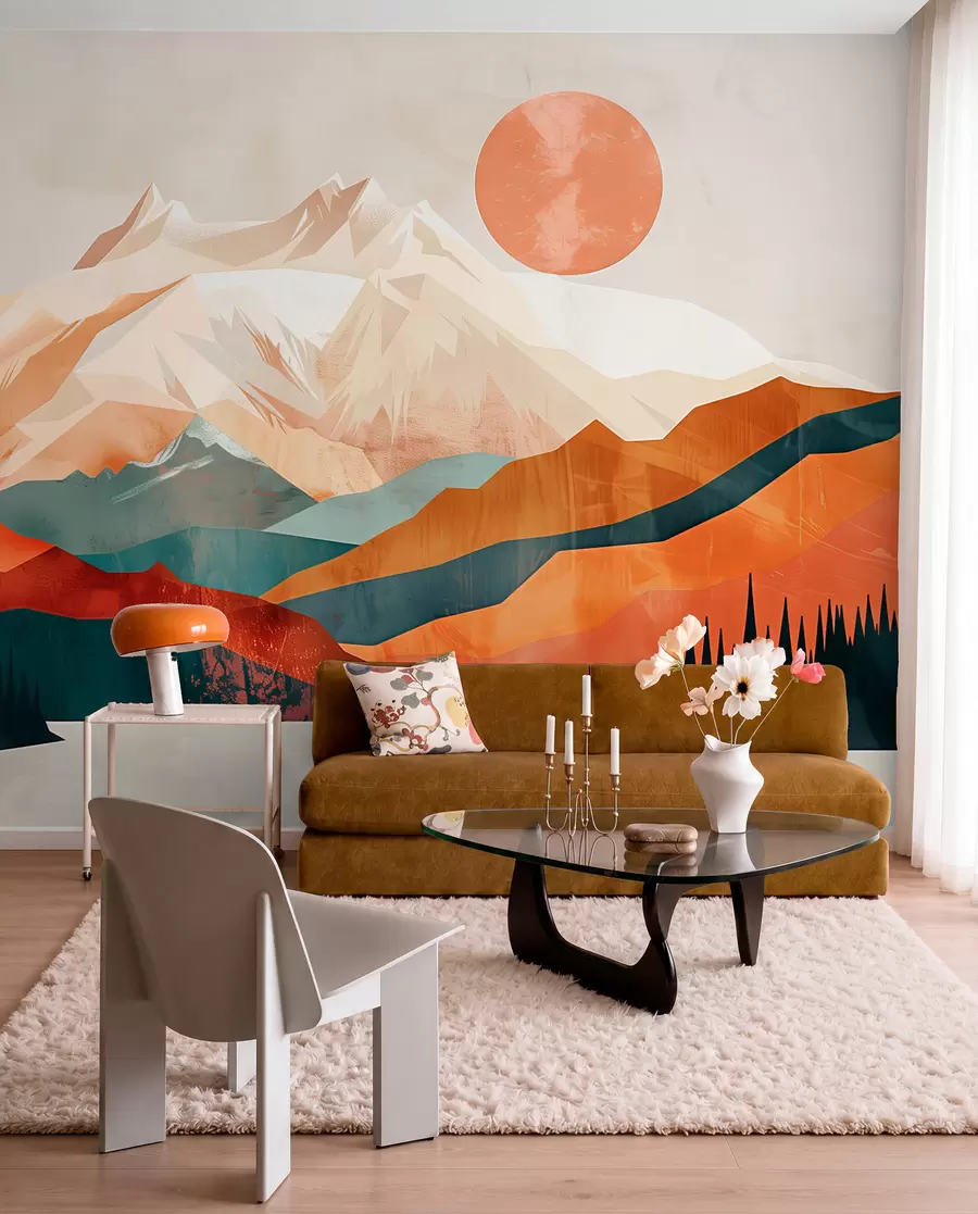 Valokuvatapetti Boho bliss: rauhallinen vuorten, puiden ja auringon maisema w01358