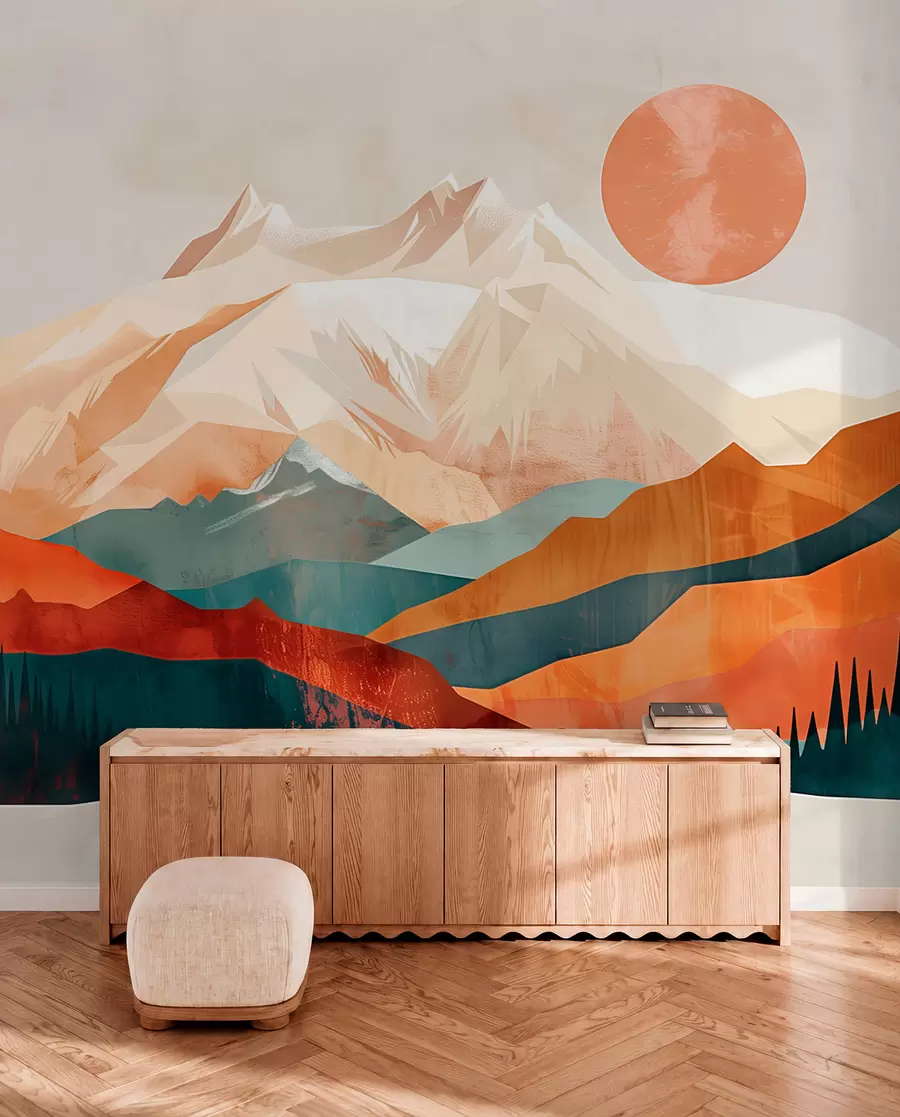 Valokuvatapetti Boho bliss: rauhallinen vuorten, puiden ja auringon maisema w01358