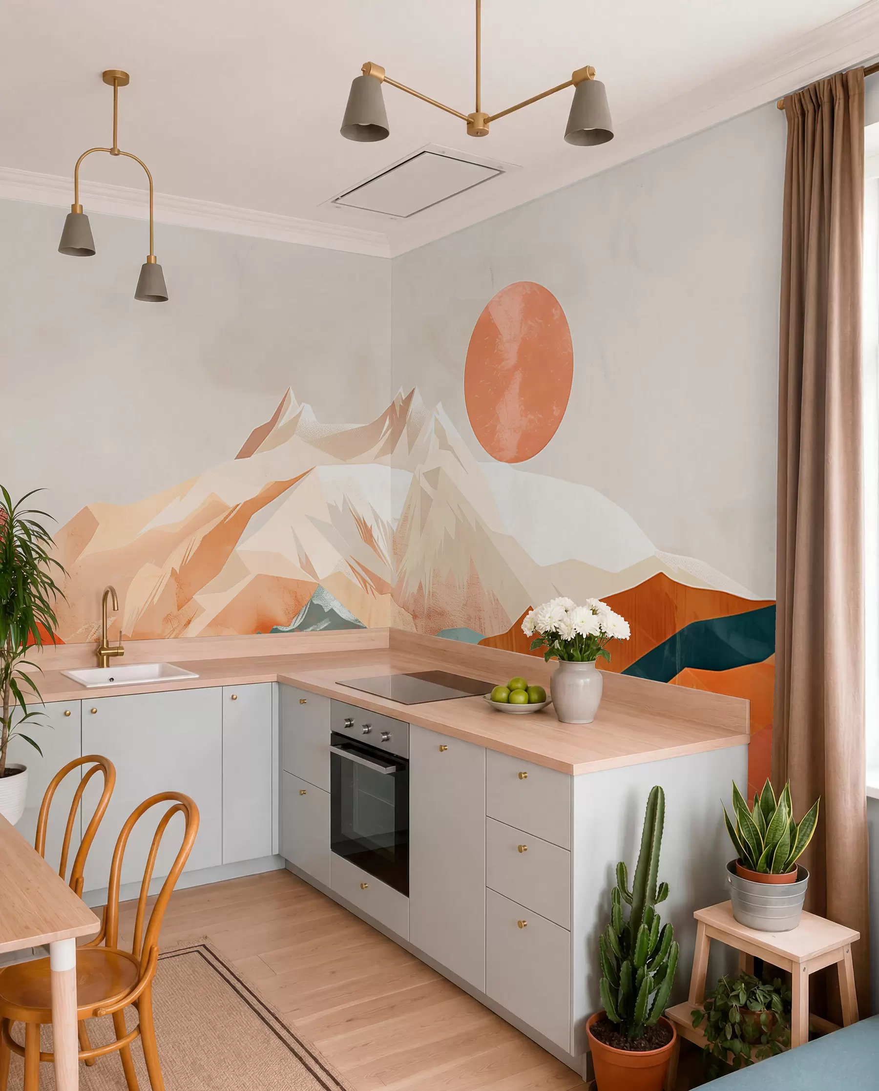Valokuvatapetti Boho bliss: rauhallinen vuorten, puiden ja auringon maisema w01358