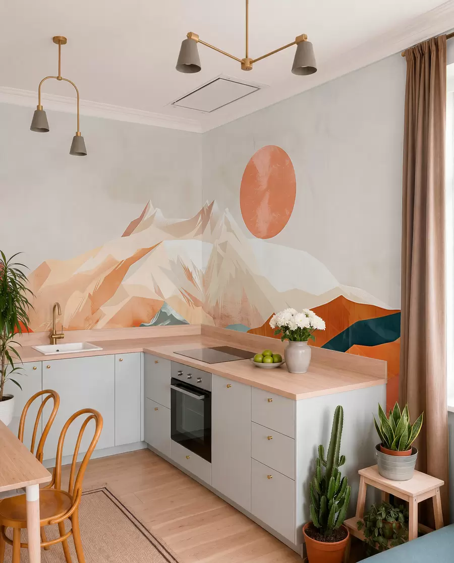 Valokuvatapetti Boho bliss: rauhallinen vuorten, puiden ja auringon maisema w01358