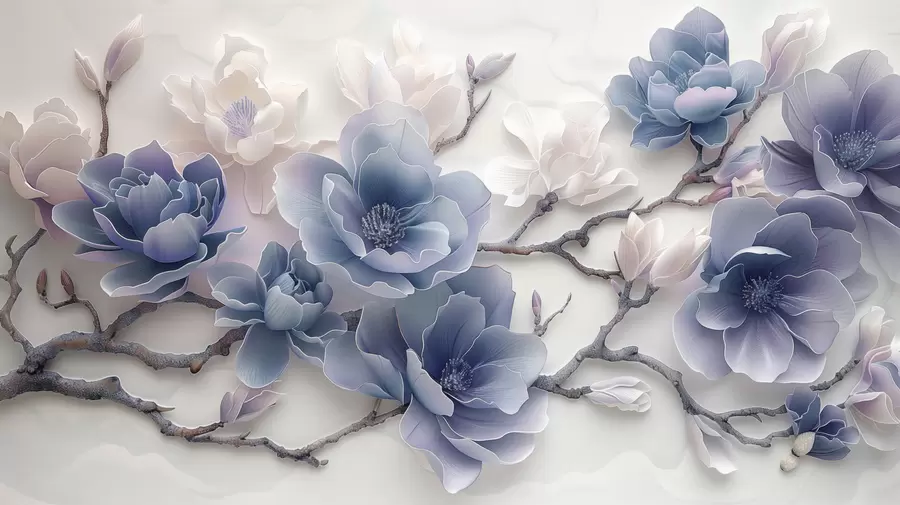 Valokuvatapetti Siniset kohokuvioidut magnolian kukat sirolla oksalla w01359v1