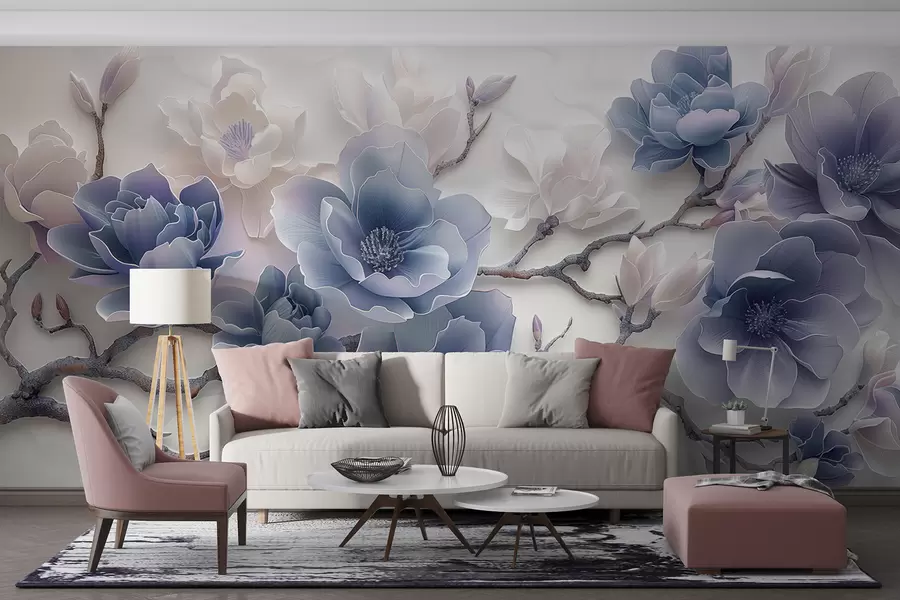 Valokuvatapetti Siniset kohokuvioidut magnolian kukat sirolla oksalla w01359v1
