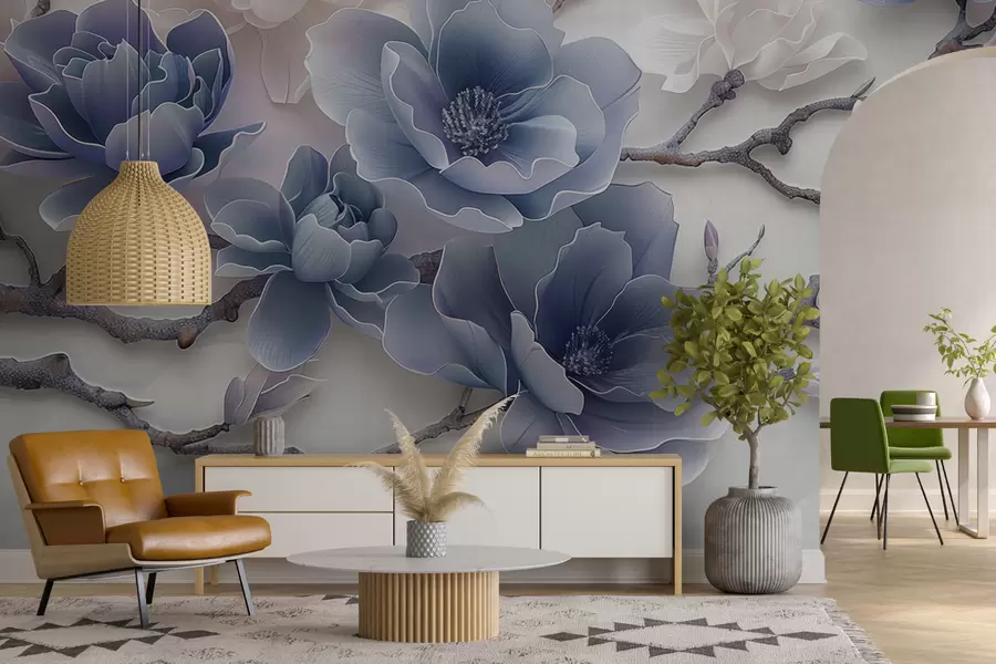 Valokuvatapetti Siniset kohokuvioidut magnolian kukat sirolla oksalla w01359v1