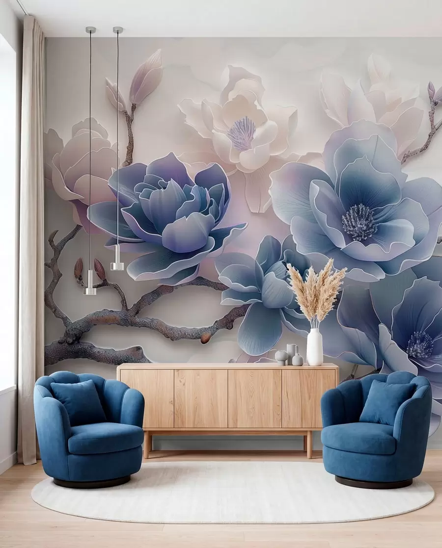 Valokuvatapetti Siniset kohokuvioidut magnolian kukat sirolla oksalla w01359v1