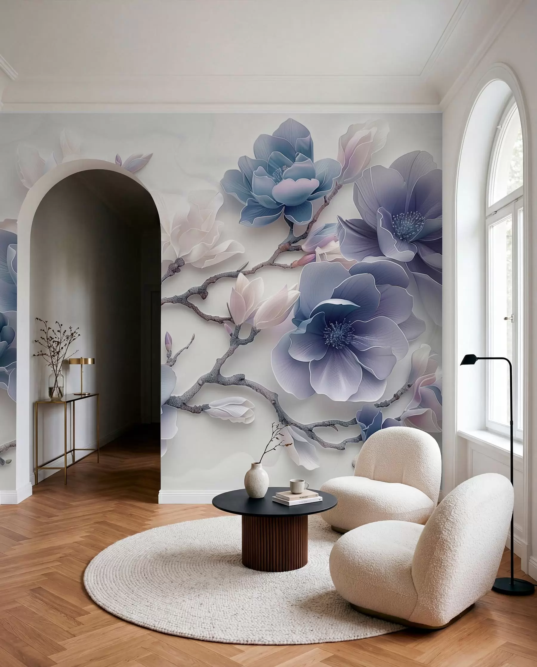 Valokuvatapetti Siniset kohokuvioidut magnolian kukat sirolla oksalla w01359v1