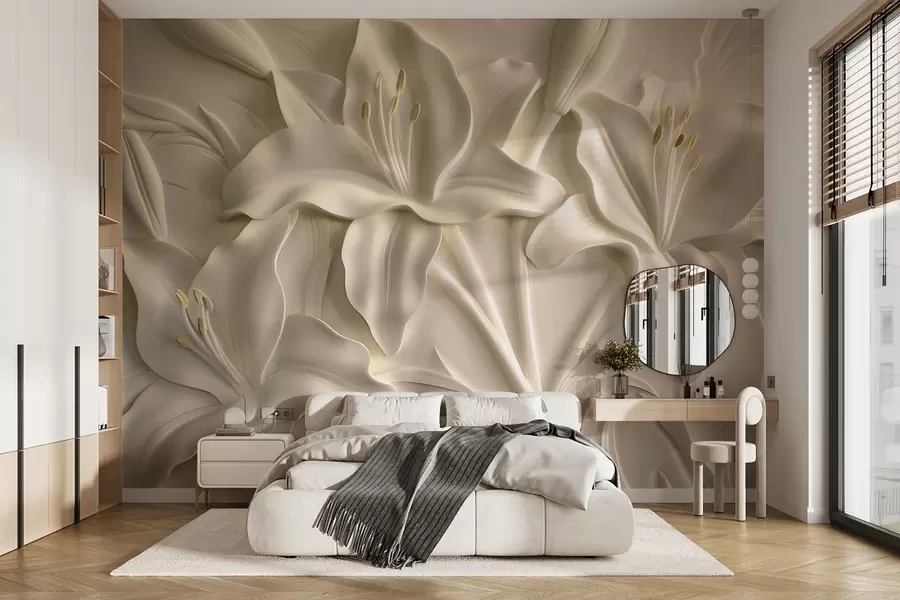Valokuvatapetti Bareljeifi suurista beige-liljoista w01434