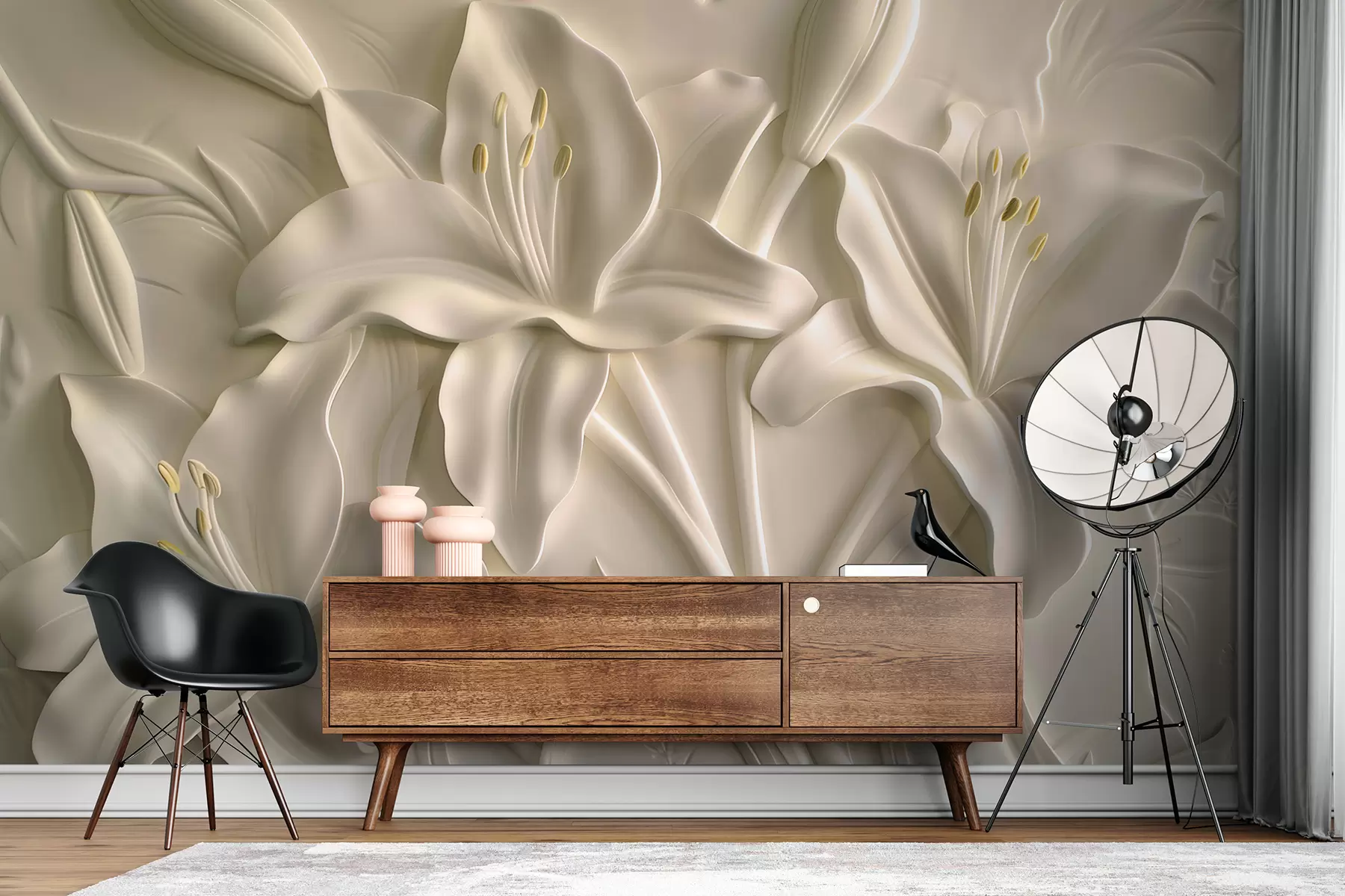 Valokuvatapetti Bareljeifi suurista beige-liljoista w01434