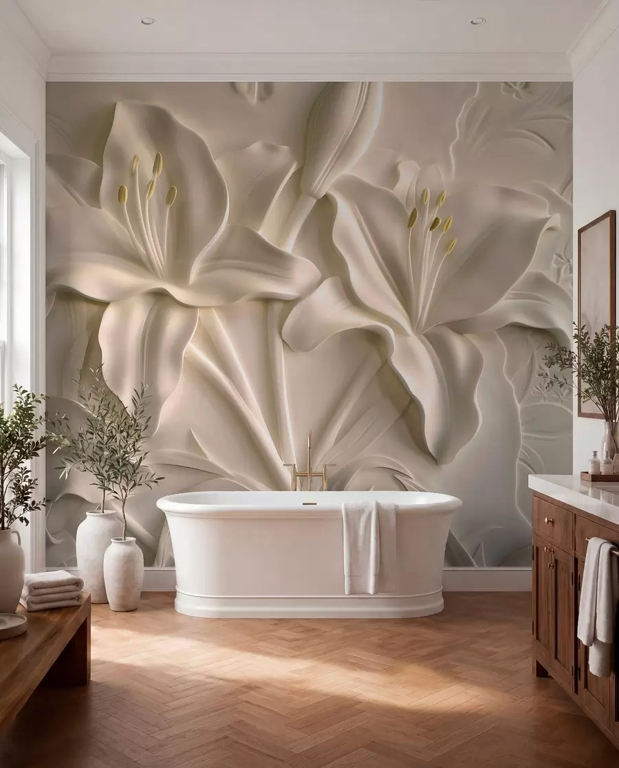 Valokuvatapetti Bareljeifi suurista beige-liljoista w01434