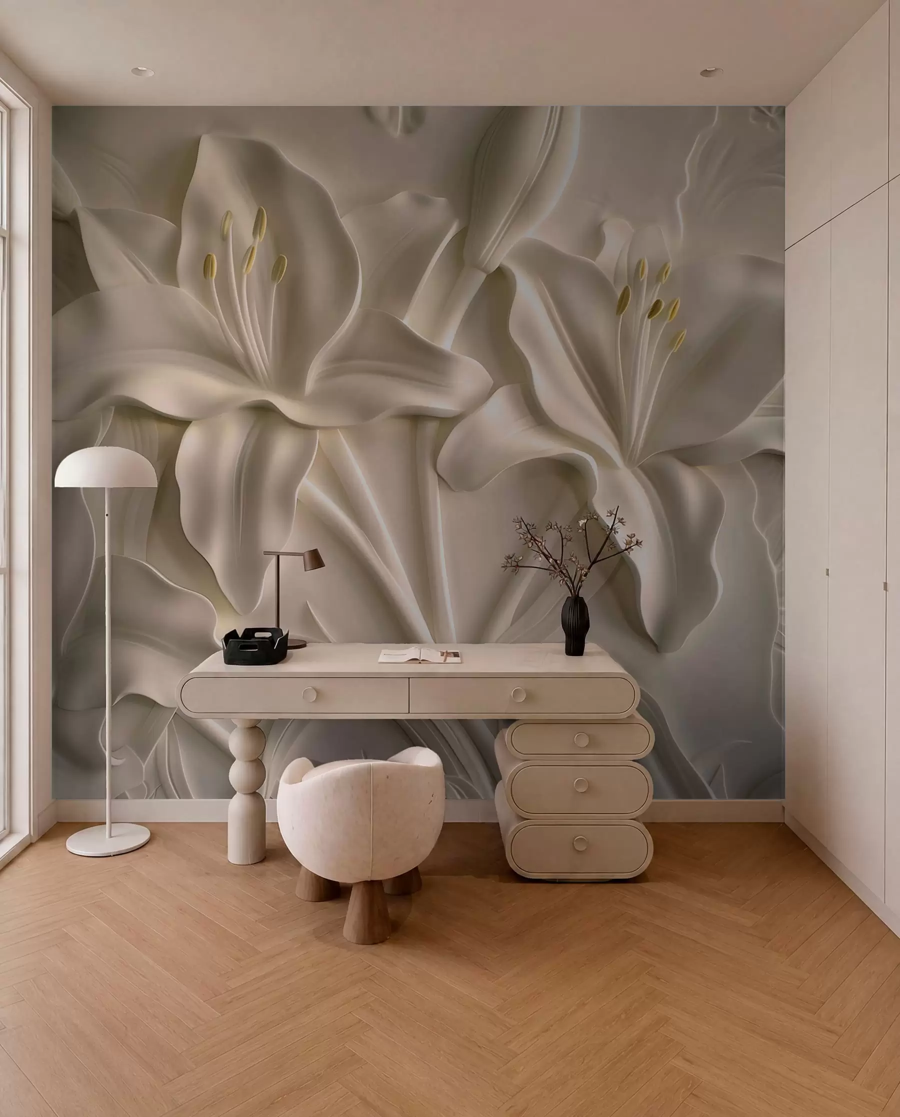 Valokuvatapetti Bareljeifi suurista beige-liljoista w01434