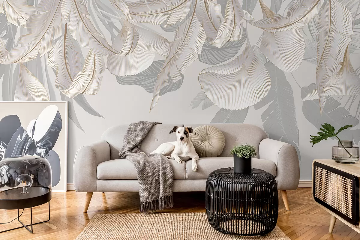 Valokuvatapetti Herkät valkoiset ja harmaat kukkaiset trooppiset lehdet luovat pehmeän, eteerisen taustan w08217