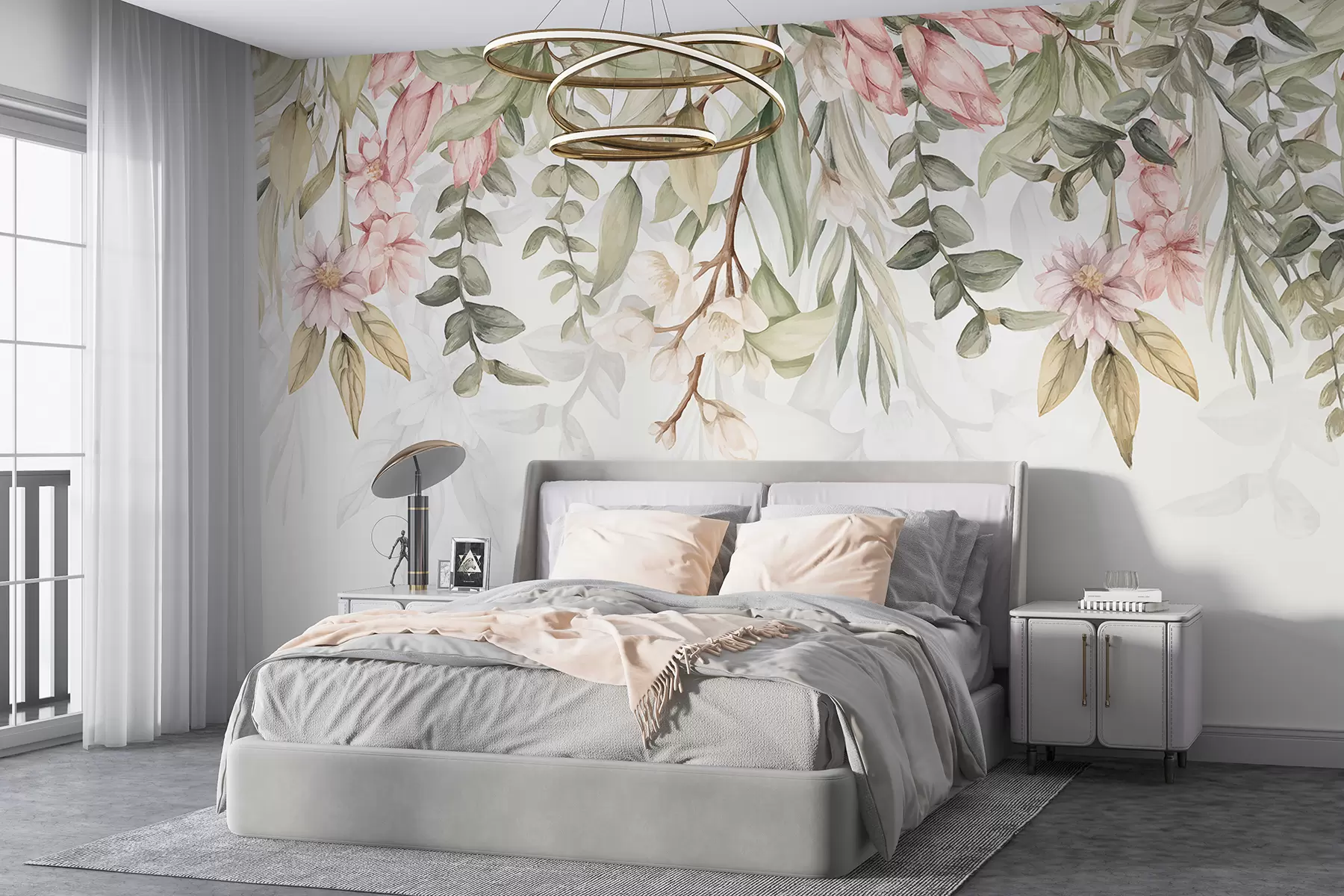 Valokuvatapetti Herkät vaaleanpunaiset ja valkoiset kukat vihreillä lehdillä ja varrella vaaleaa taustaa vasten w08222