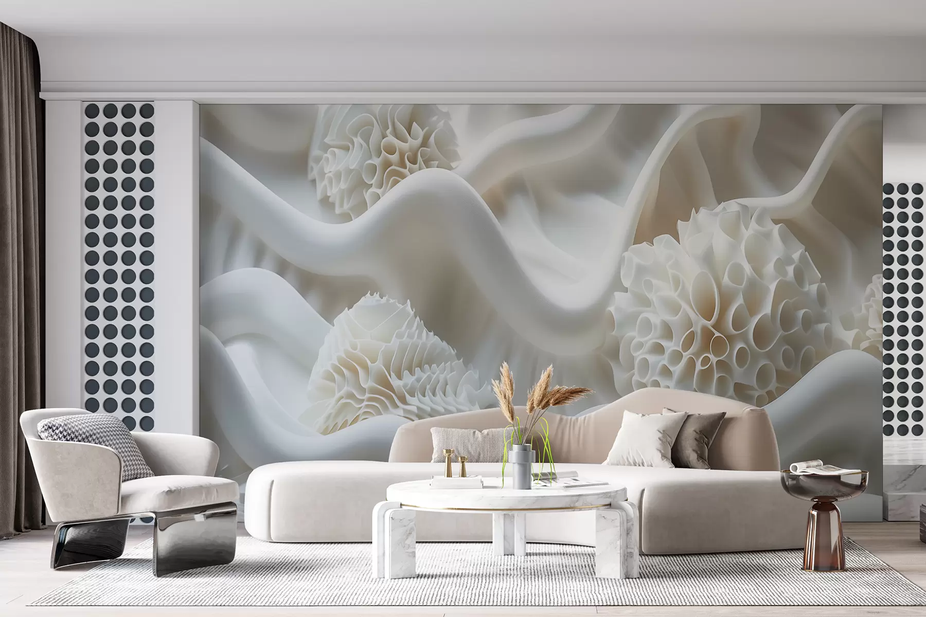 Valokuvatapetti Abstrakti aaltoileva tausta valkoisia muotoja 3d-tyyliin w01475