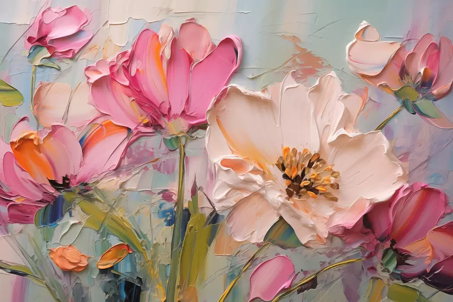 Valokuvatapetti Kirkkaan vaaleanpunaiset kukat vaaleansinisellä harmaalla taustalla w01039