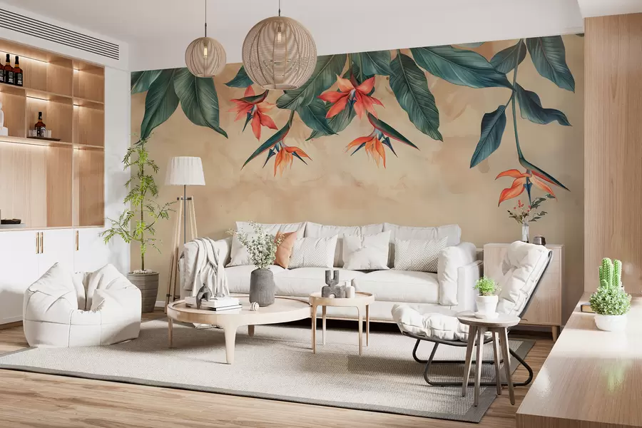 Valokuvatapetti Trooppinen kukinta beige-akvarellitaustalla w01485