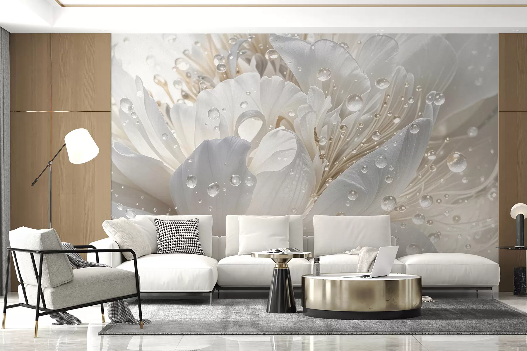Valokuvatapetti Lähikuva valkoisesta pionin kukasta, jossa on herkät terälehdet ja vesipisaroita w08262