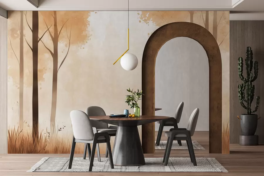 Valokuvatapetti Akvarelli metsä, sumu, puut, ruoho, luonnonmaisema, beige väri w01563
