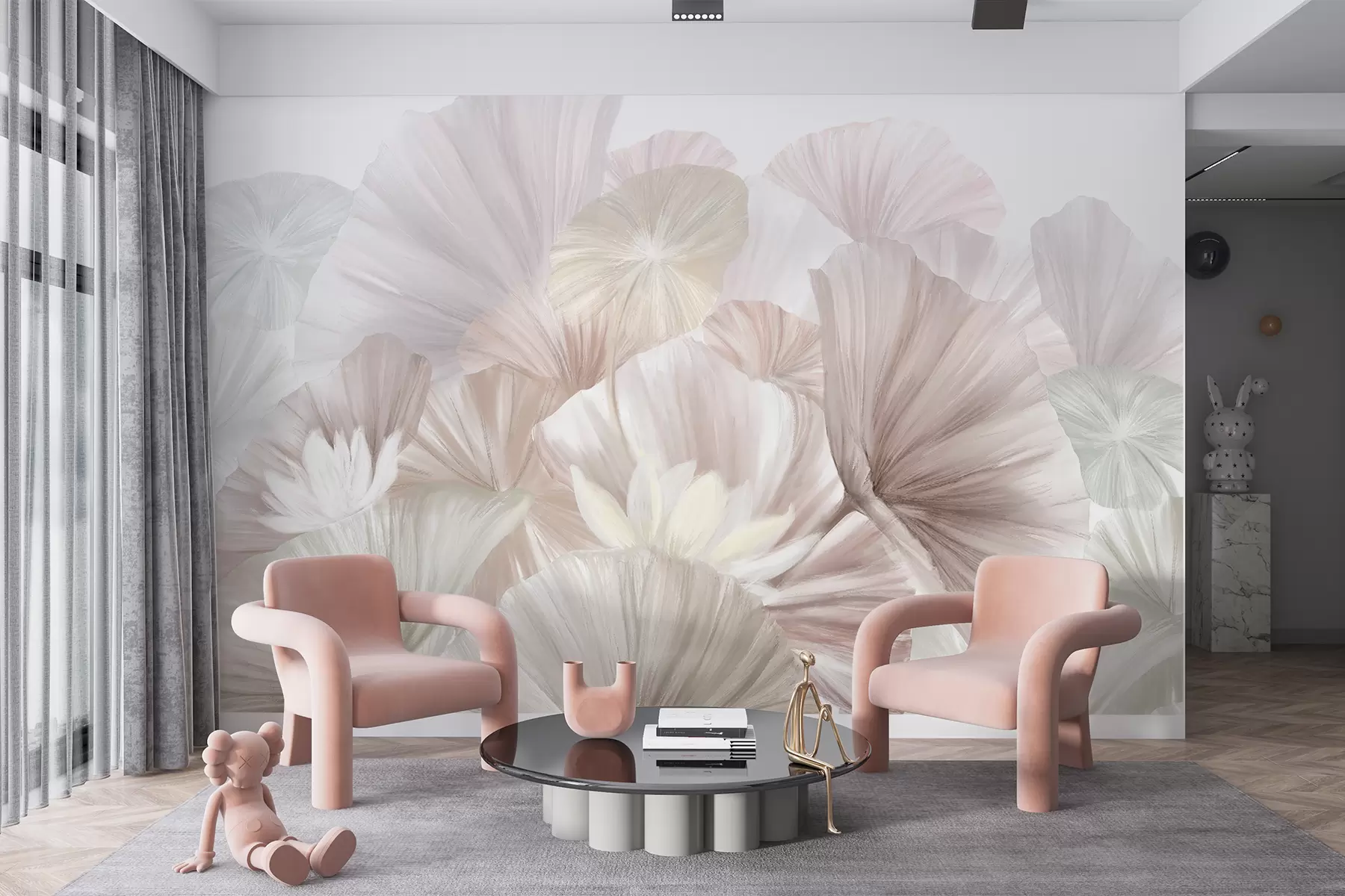 Valokuvatapetti Herkkä vaaleanpunainen lootuksen lehdet valkoisia kukkia pehmeä, höyhenpehmeä terälehdet järjestetty luonnon taiteen koostumus w08265v1