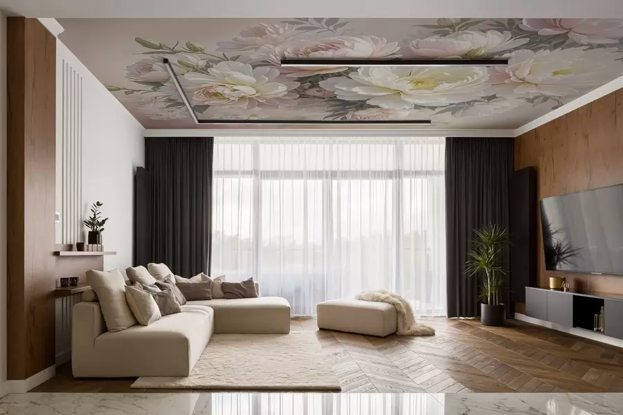 Valokuvatapetti Kimppu reheviä, pastellinvärisiä pioneita ja muita kukkia pehmeää, sumeaa taustaa vasten  w08276