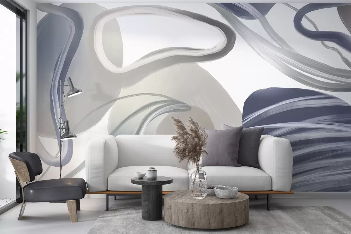 Valokuvatapetti Abstrakteja pyöriviä muotoja ja käyriä tummansinisen sävyissä luoden dynaamisen ja virtaavan sommitelman w08279v1