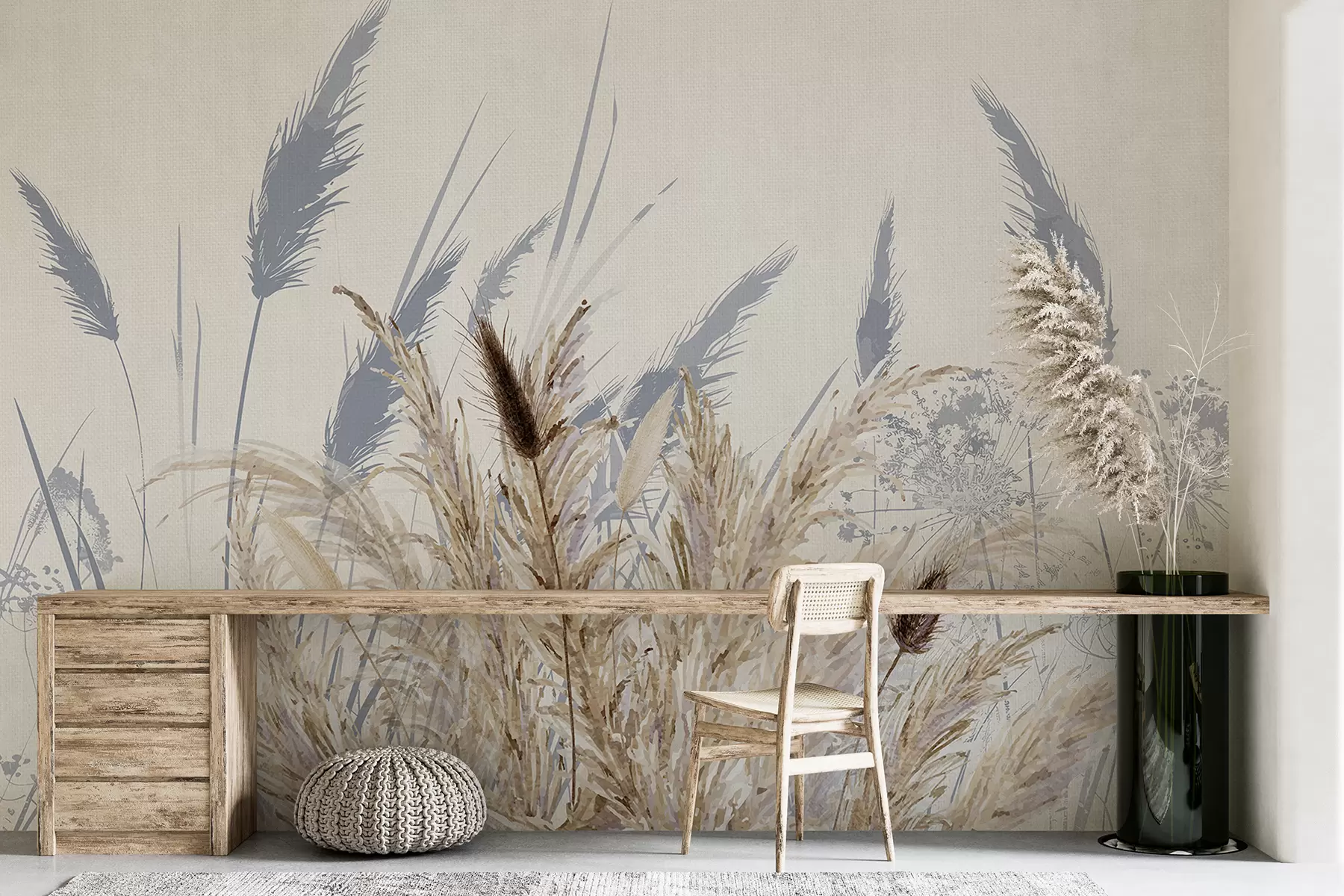 Valokuvatapetti Korkeat vehnän ja ruohon varret, joissa on pörröiset valkoiset höyhenet vaaleaa taustaa vasten w08282