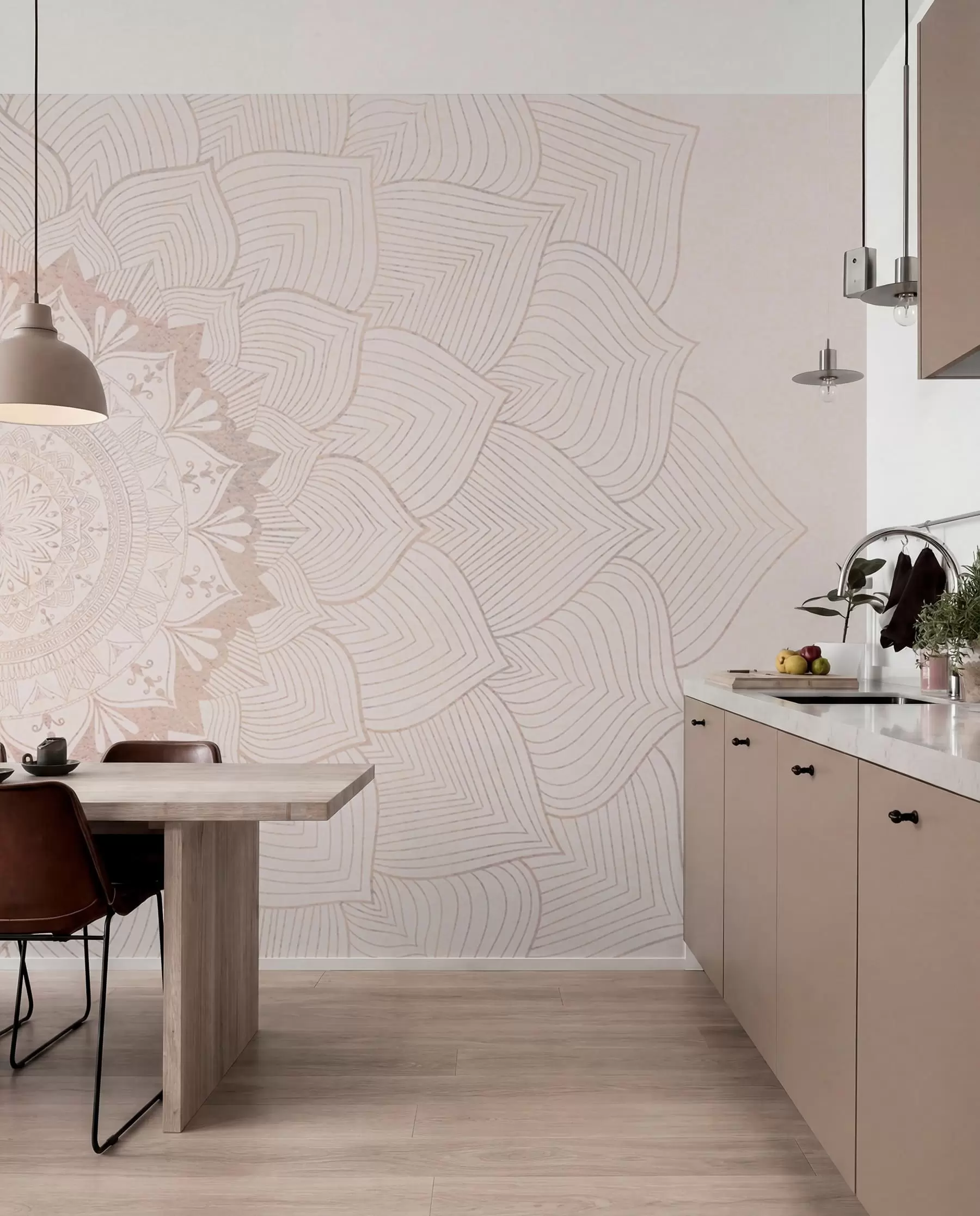 Valokuvatapetti Pyöreä mandala, tapetti joogatilaan tai henkilökohtaisen tilan harmonisoimiseksi. Seinämandala lämpimissä pastellisissa väreissä teksturoidulla epäsäännöllisellä taustalla w01088