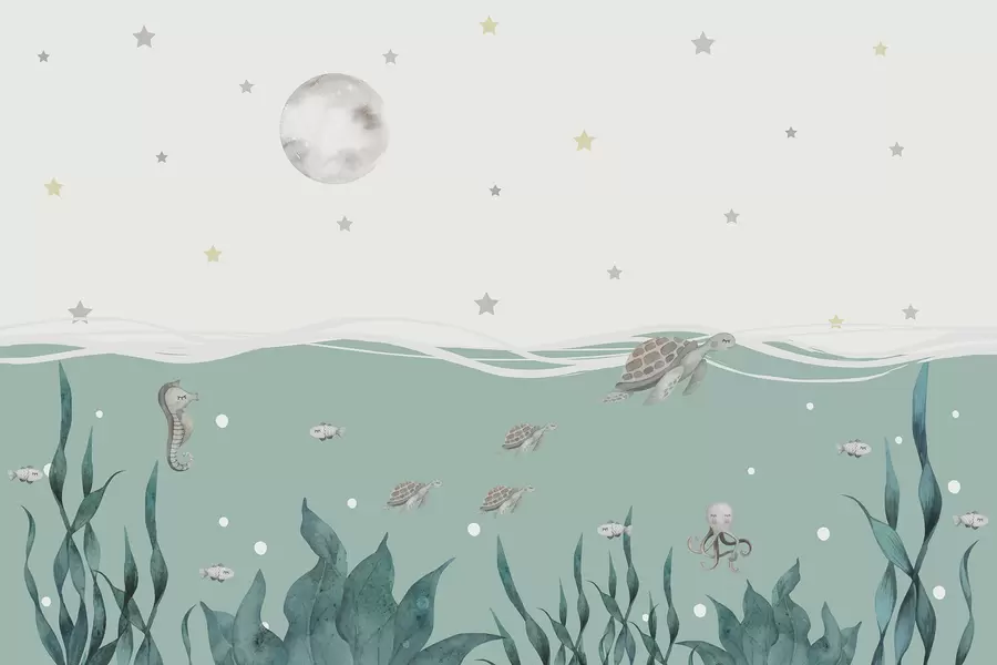 Valokuvatapetti Meri-aihe, jossa on kilpikonnia, merihevonen, kaloja ja täysikuu w01521