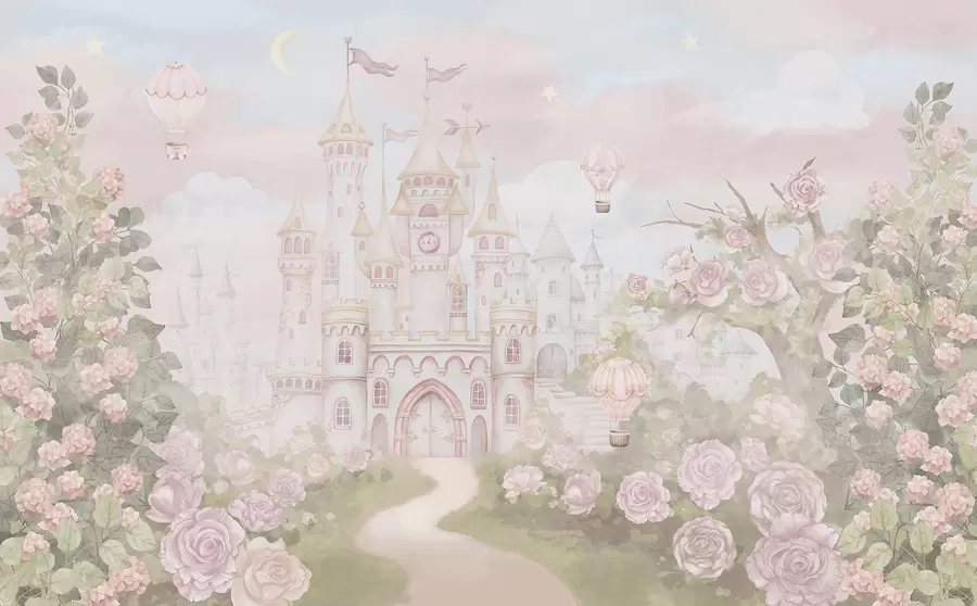 Valokuvatapetti Maaginen linna, jossa on suuria kukkia ja puita w01524