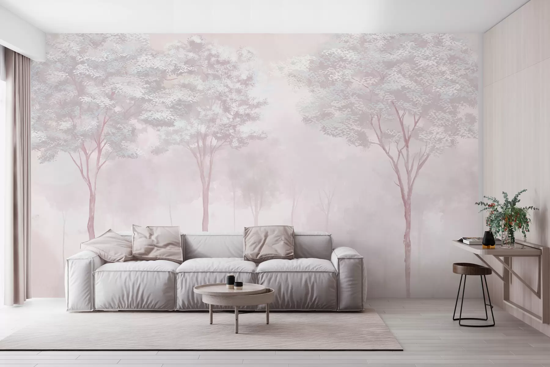 Valokuvatapetti Sumuinen metsä siluetti pehmeällä vaaleanpunaisella värillä w01599v1