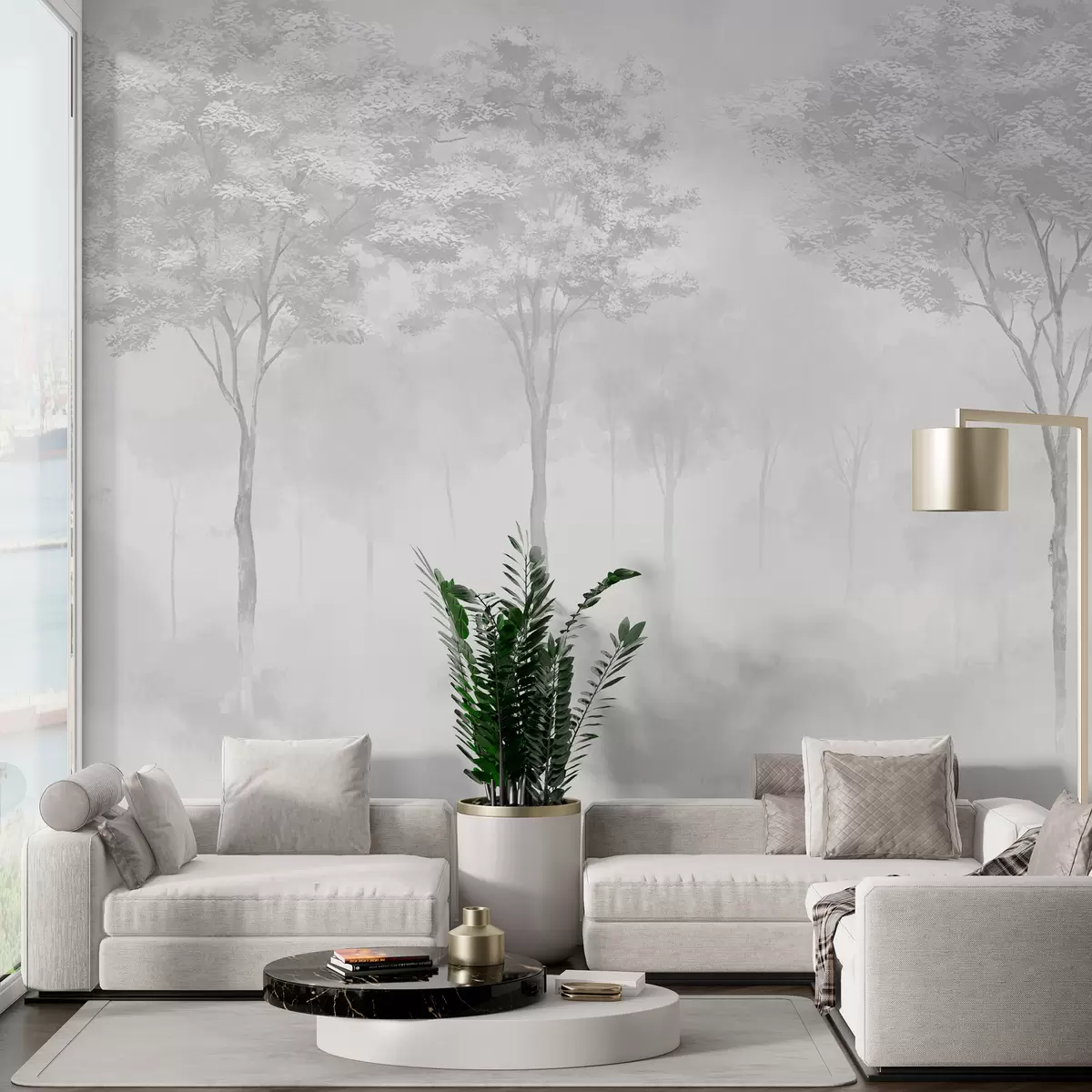 Valokuvatapetti Sumuinen metsä siluetti harmaalla värillä w01599v5