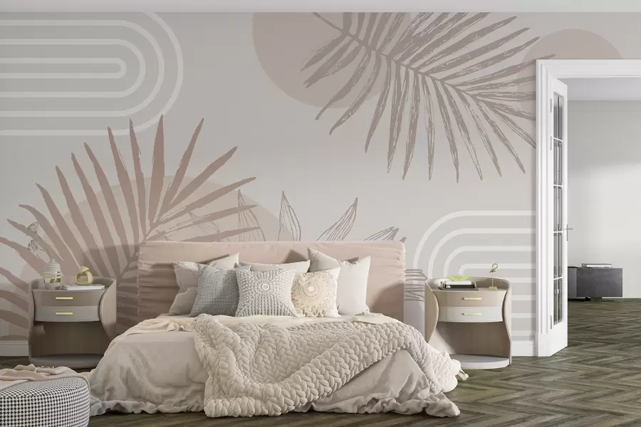 Valokuvatapetti Geometrinen tapetti palmunlehdillä boho-tyyliin w01601