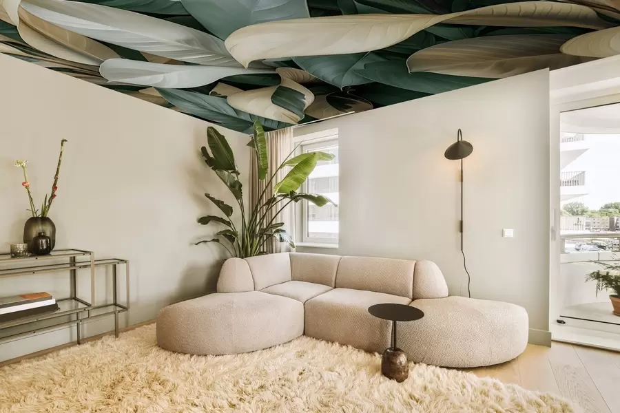 Valokuvatapetti Suuret trooppiset lehdet vihreitä ja beigejä värejä w01587v1