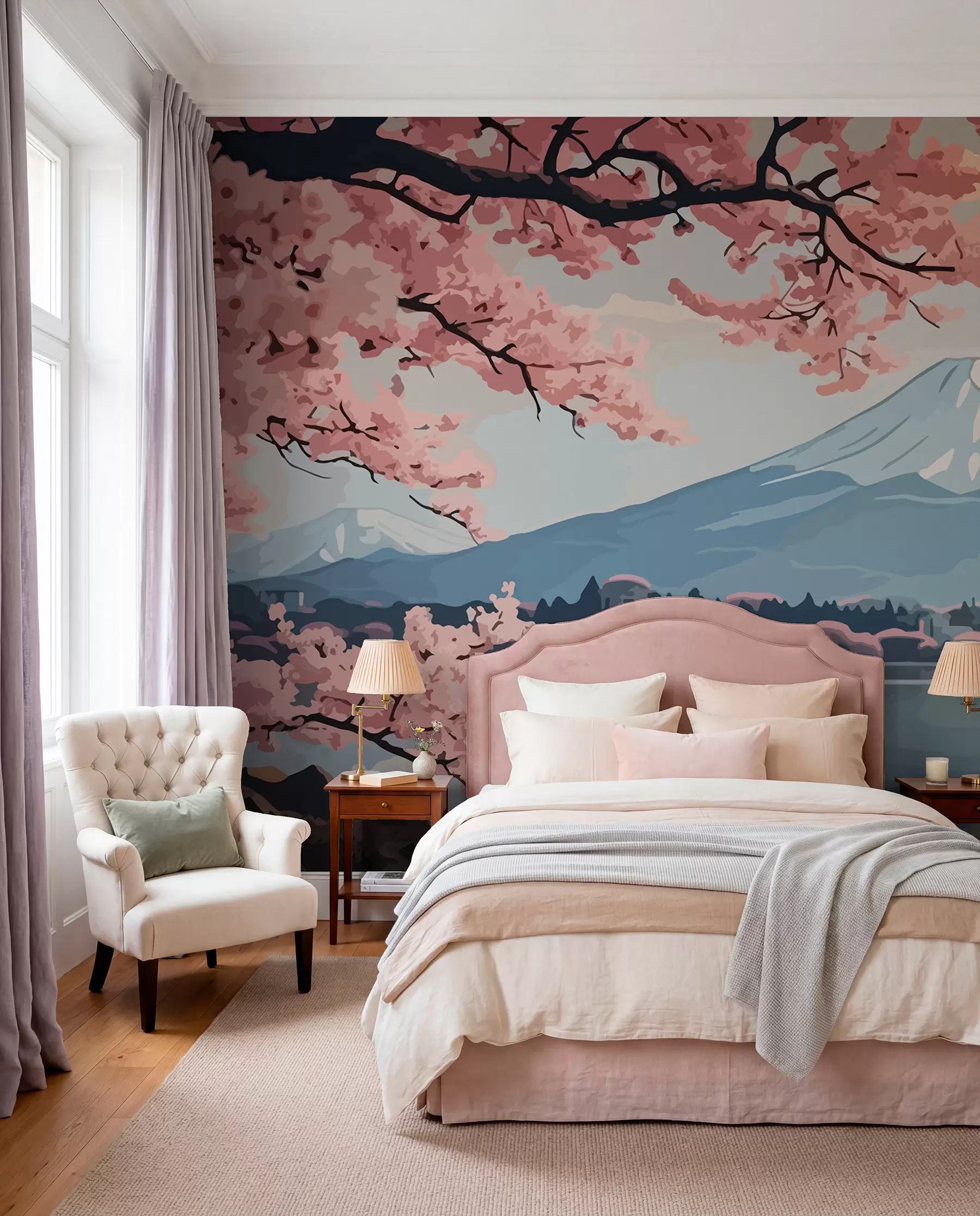 Valokuvatapetti Sakura, vuoret, akvarelli w01664