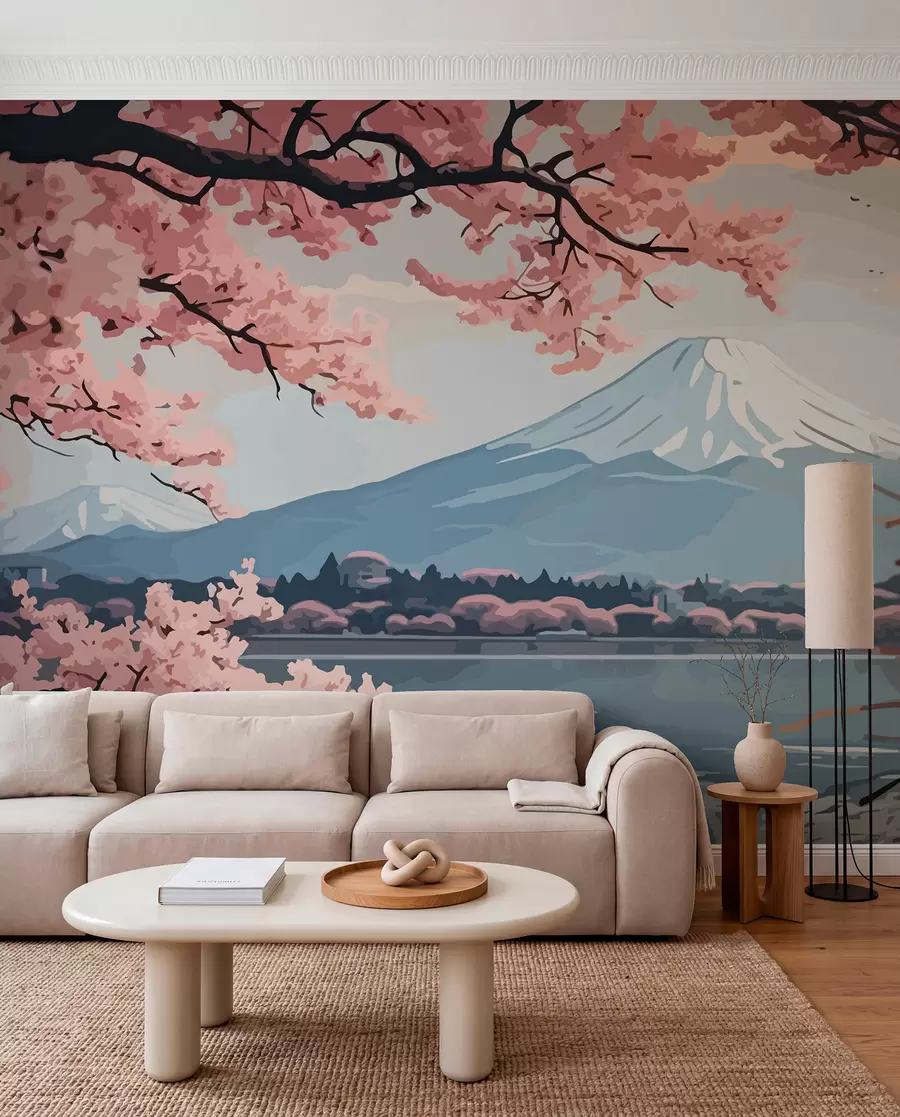 Valokuvatapetti Sakura, vuoret, akvarelli w01664