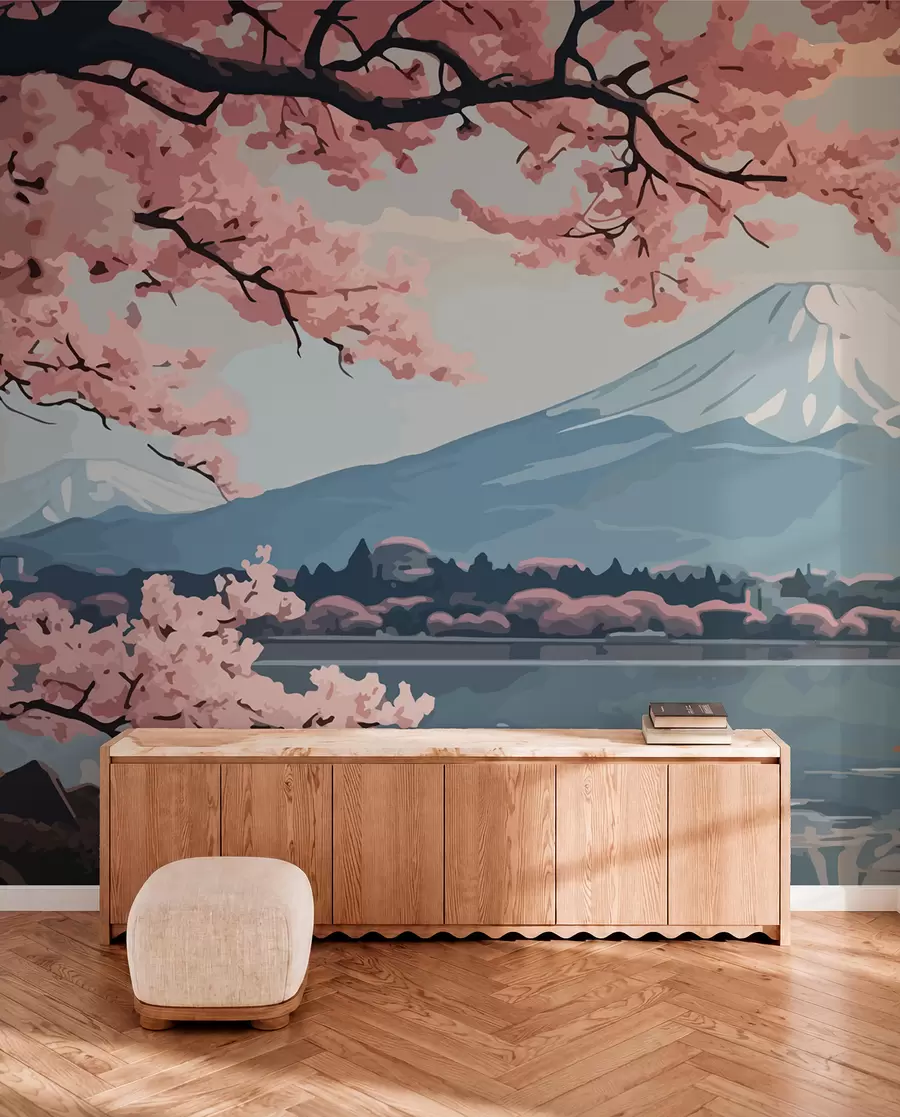 Valokuvatapetti Sakura, vuoret, akvarelli w01664