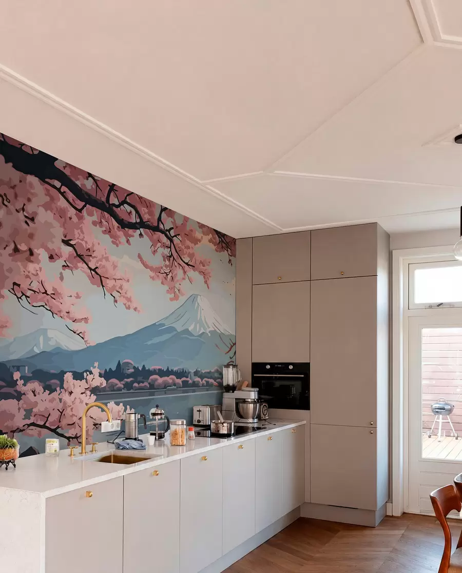 Valokuvatapetti Sakura, vuoret, akvarelli w01664
