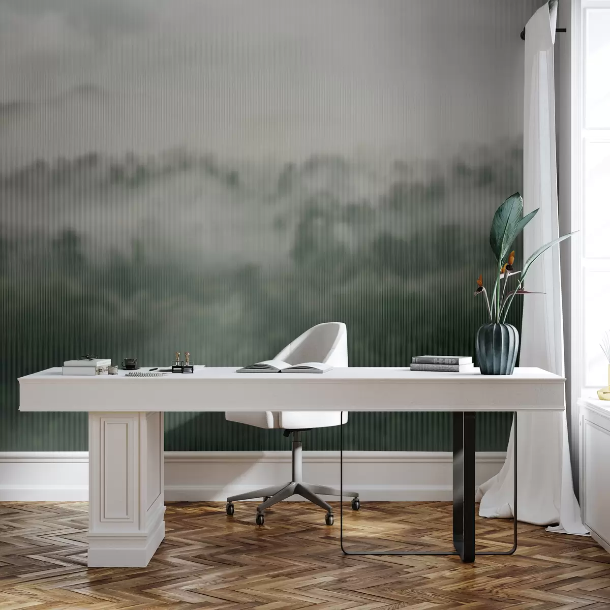 Valokuvatapetti vihreä sumuinen metsä lasin takana w01678