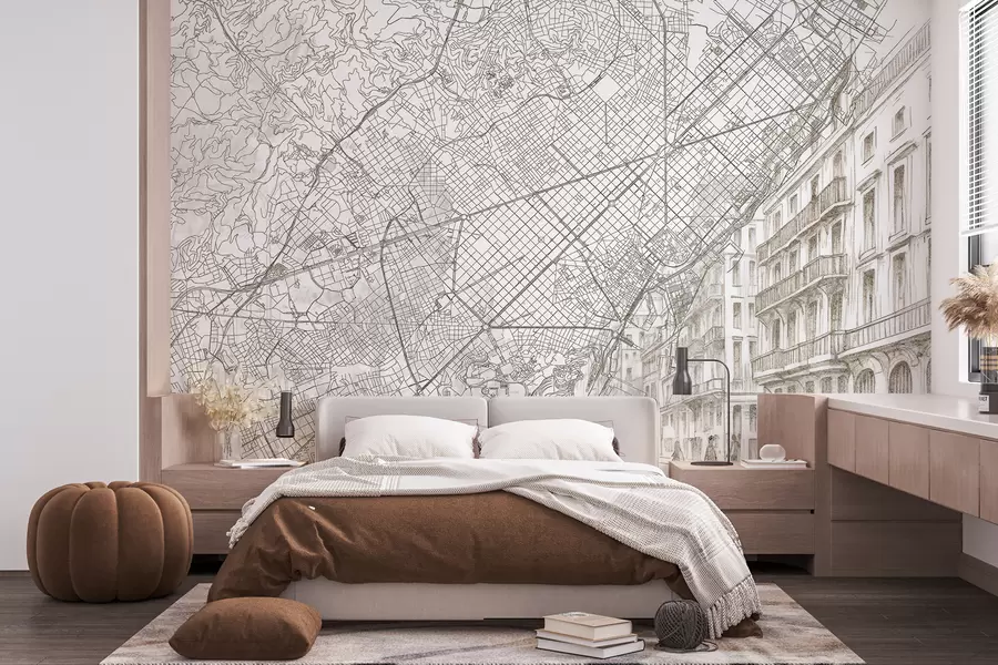 Valokuvatapetti Barcelonan kaupungin kartta, viivapiirros, arkkitehtuuri, Espanja, beige värit w01695