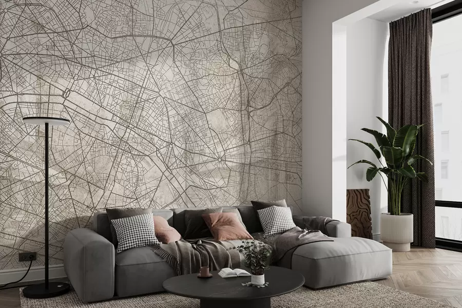 Valokuvatapetti Pariisin kaupungin kartta, viivapiirros, arkkitehtuuri, Ranska, beige värit w01697
