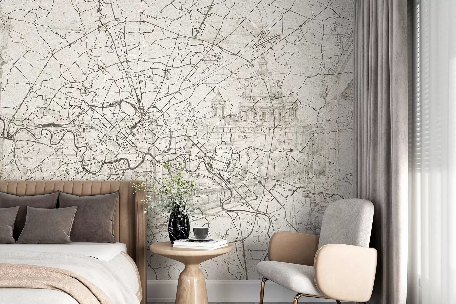 Valokuvatapetti Rooman kaupungin kartta, viivapiirros, arkkitehtuuri, Italia, beige värit w01698