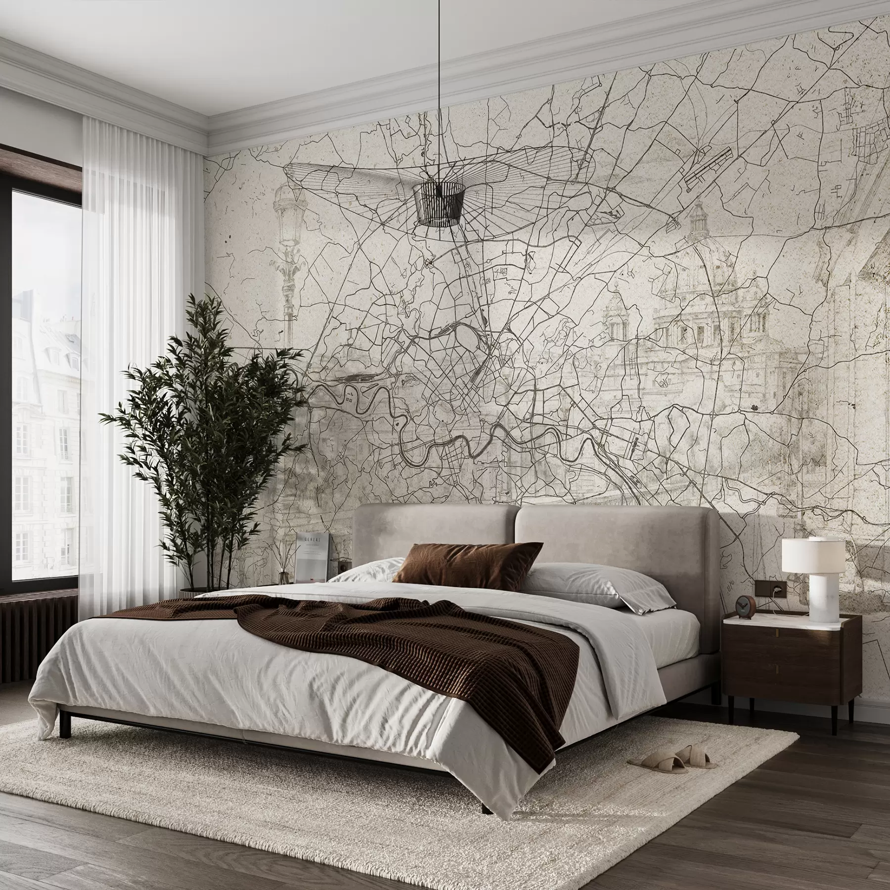 Valokuvatapetti Rooman kaupungin kartta, viivapiirros, arkkitehtuuri, Italia, beige värit w01698