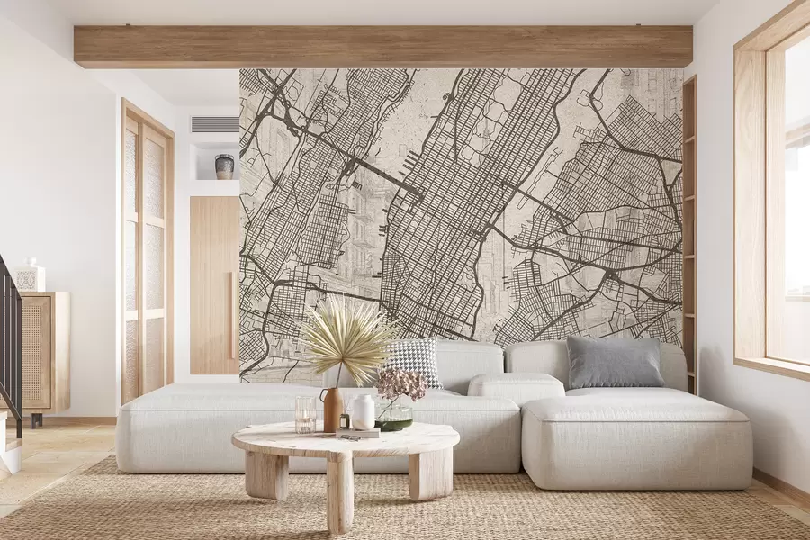 Valokuvatapetti New Yorkin kaupungin kartta, viivapiirros, arkkitehtuuri, beige värit w01699