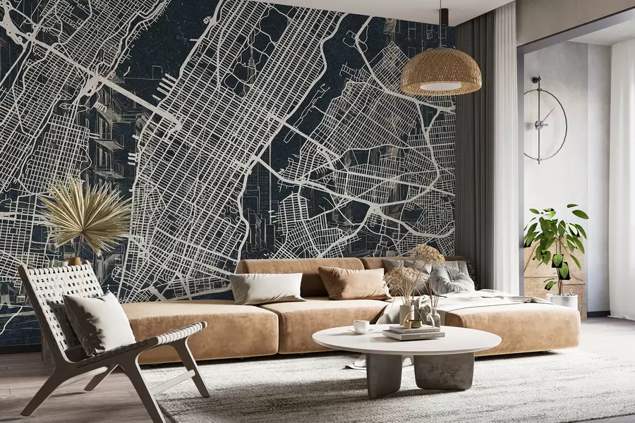 Valokuvatapetti New Yorkin kaupungin kartta, viivapiirros, arkkitehtuuri, tummat värit w01699v1