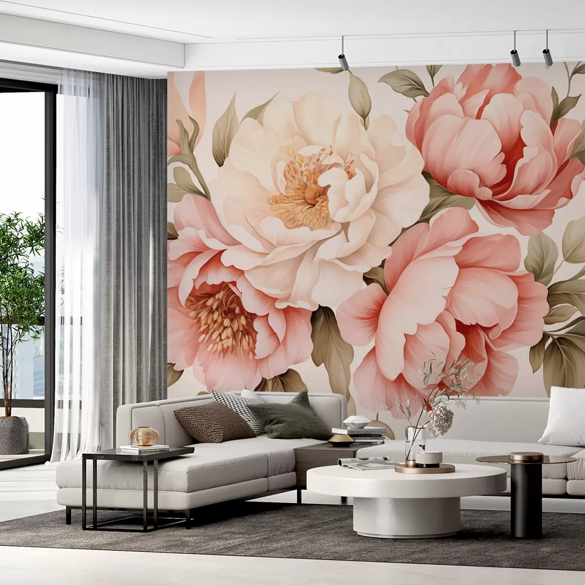 Valokuvatapetti Herkät valkoiset ja vaaleanpunaiset kukat vintage-tyyliin w01734