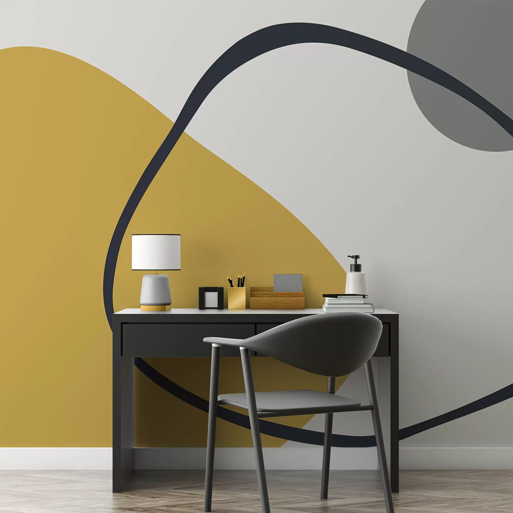 Valokuvatapetti Geometriset keltaiset ja harmaat muodot vaalealla taustalla w01687